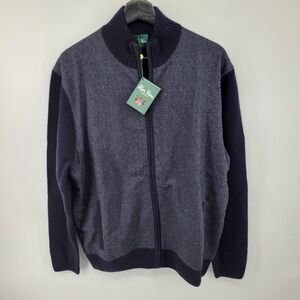 Alan Paine Sweater Men 46 Herringbone Cardigan Wool Tweed Mock Neck Elbow Patch